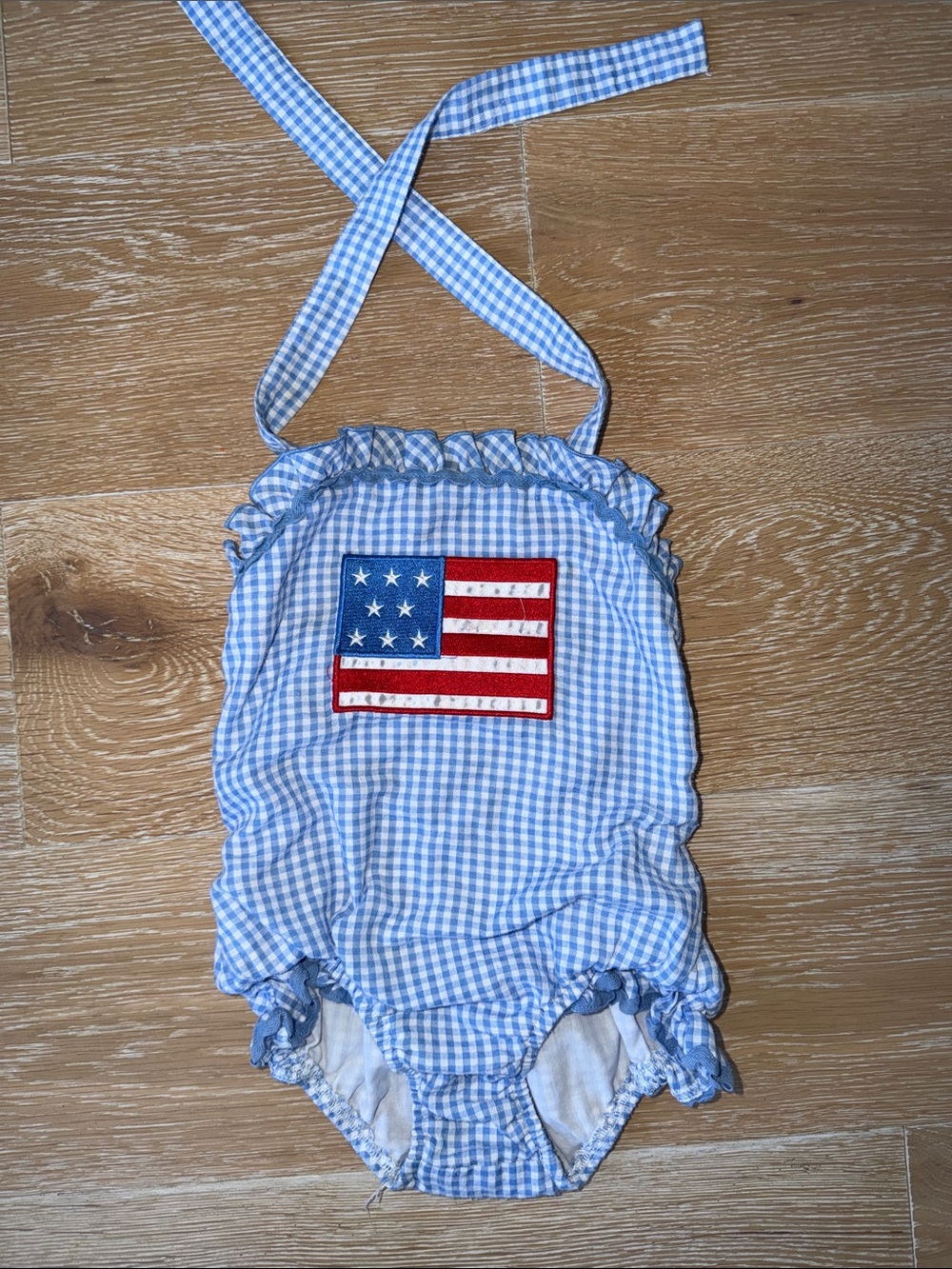 Classic Whimsy Kids Blue Gingham One-Piece Swimsuit with Flag Patch